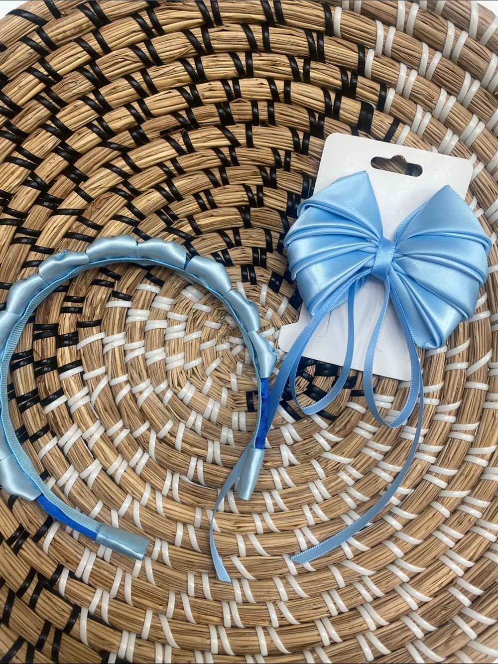 Hand Crafted Satin Light Blue Bow and Headband Set